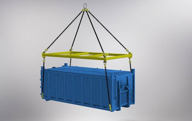 3D-modell av løfteramme som løfter en container